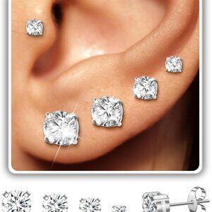 Set of 4 Hypoallergenic Silver CZ Stud Earrings for Men and Women, Includes 3-6m